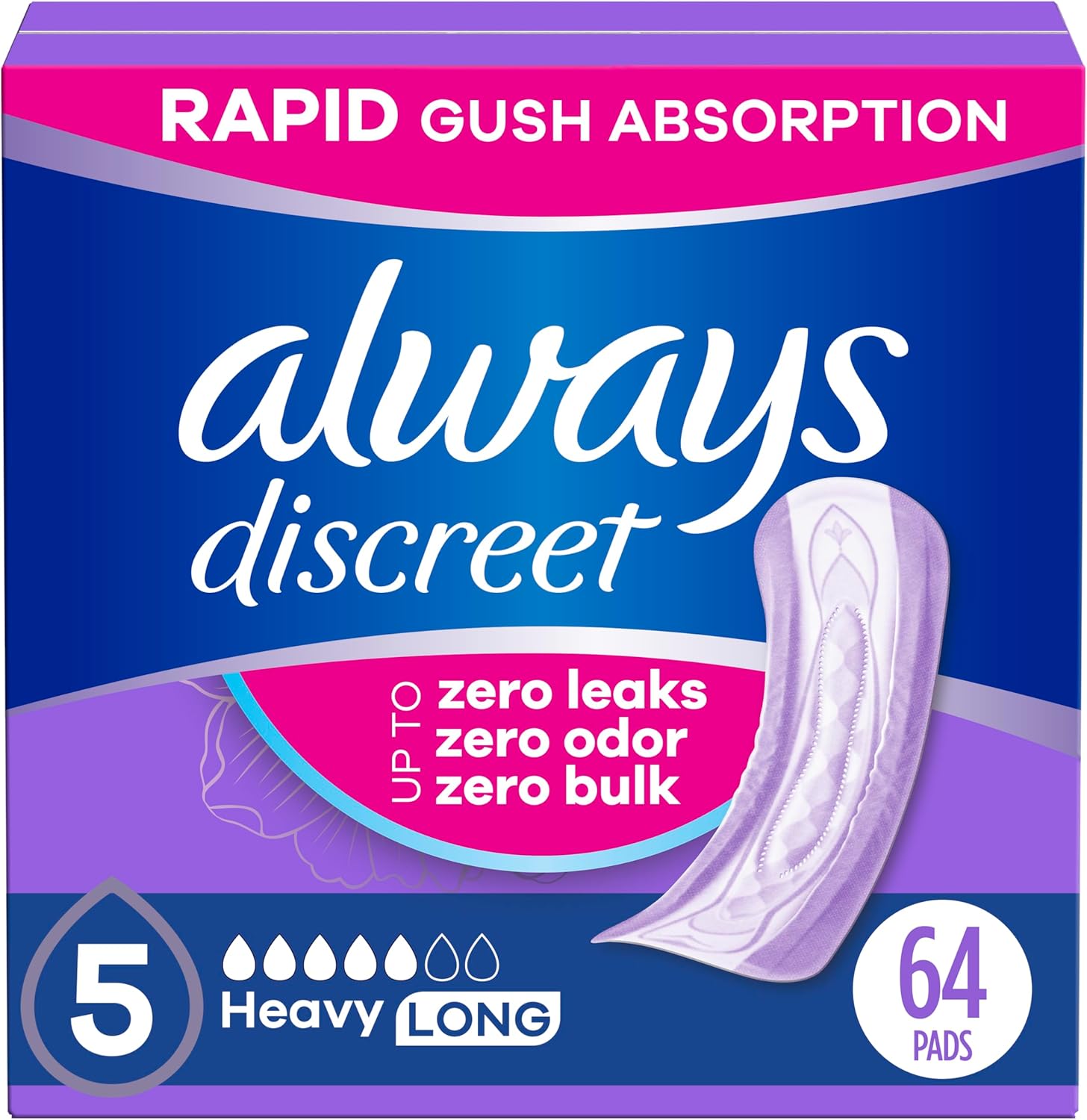 Always Discreet adult incontinence pads heavy absorbency long length front pack view