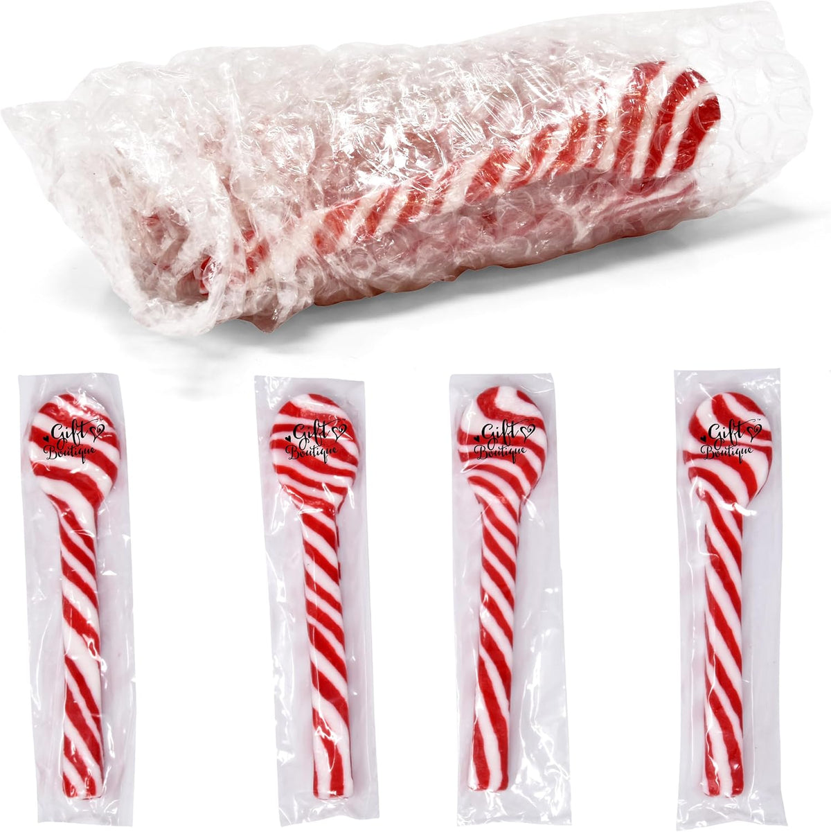 Close up view of gluten free edible candy cane spoons for holiday cocktails