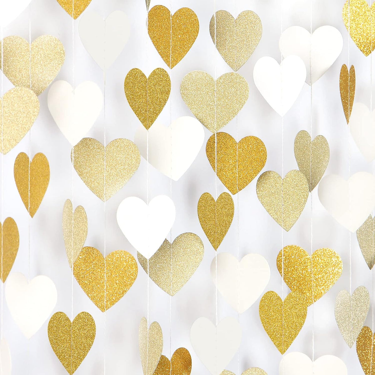 Lasting Surprise white gold champagne heart streamers garland front view backdrop hanging decoration for wedding party.