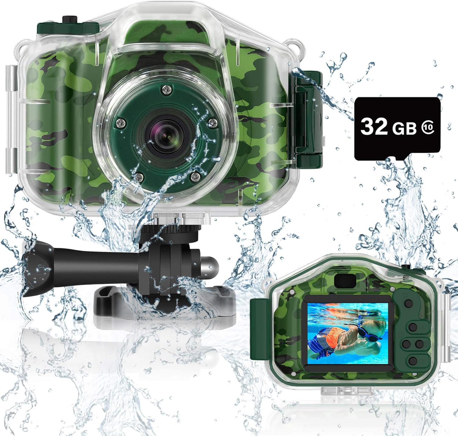 DEKER Waterproof Camera for Kids, Christmas Birthday Gifts for Boys Girls 3-12 Year Old, Mini HD Toddler Digital Video Children Travel Camcorder, 2 Inch IPS Screen with 32GB Card (Green) - Image 1