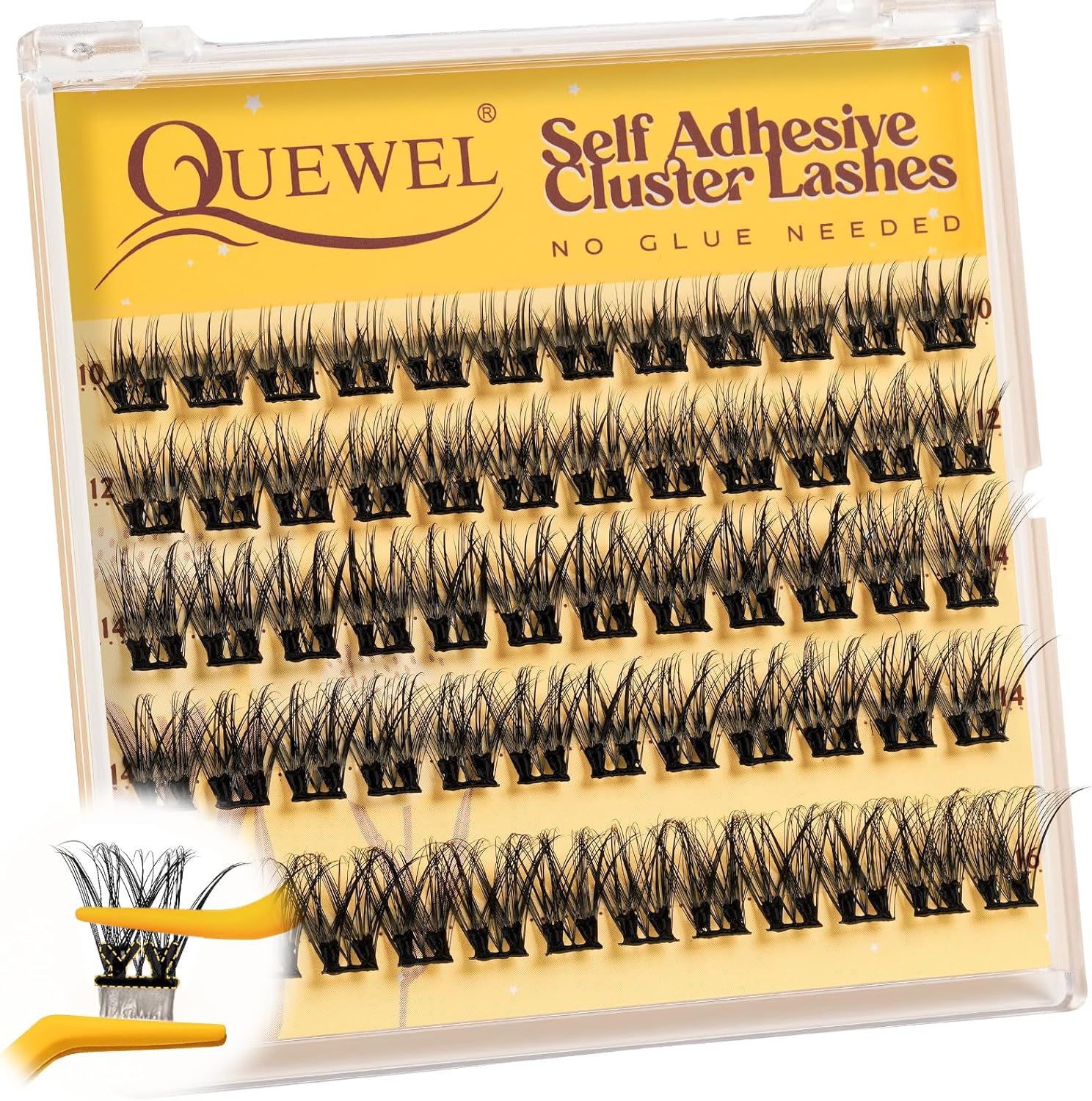 QUEWEL Self Adhesive Lash Clusters, Pre Glued Eyelashes Clusters, 10-16MM Strong Hold Self Adhesive Lashes,D Curl Press On Lashes No Glue Needed DIY Lash Extensions at Home(DH-60Pcs-MJ01) - Image 1