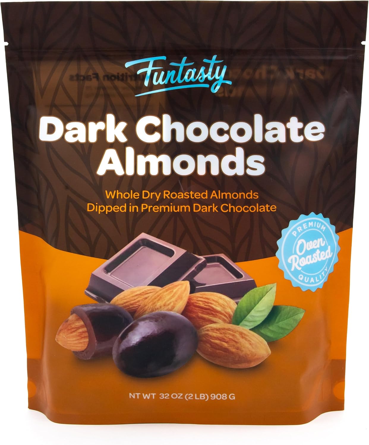 FUNTASTY dark chocolate covered almonds inside a glass office candy jar.