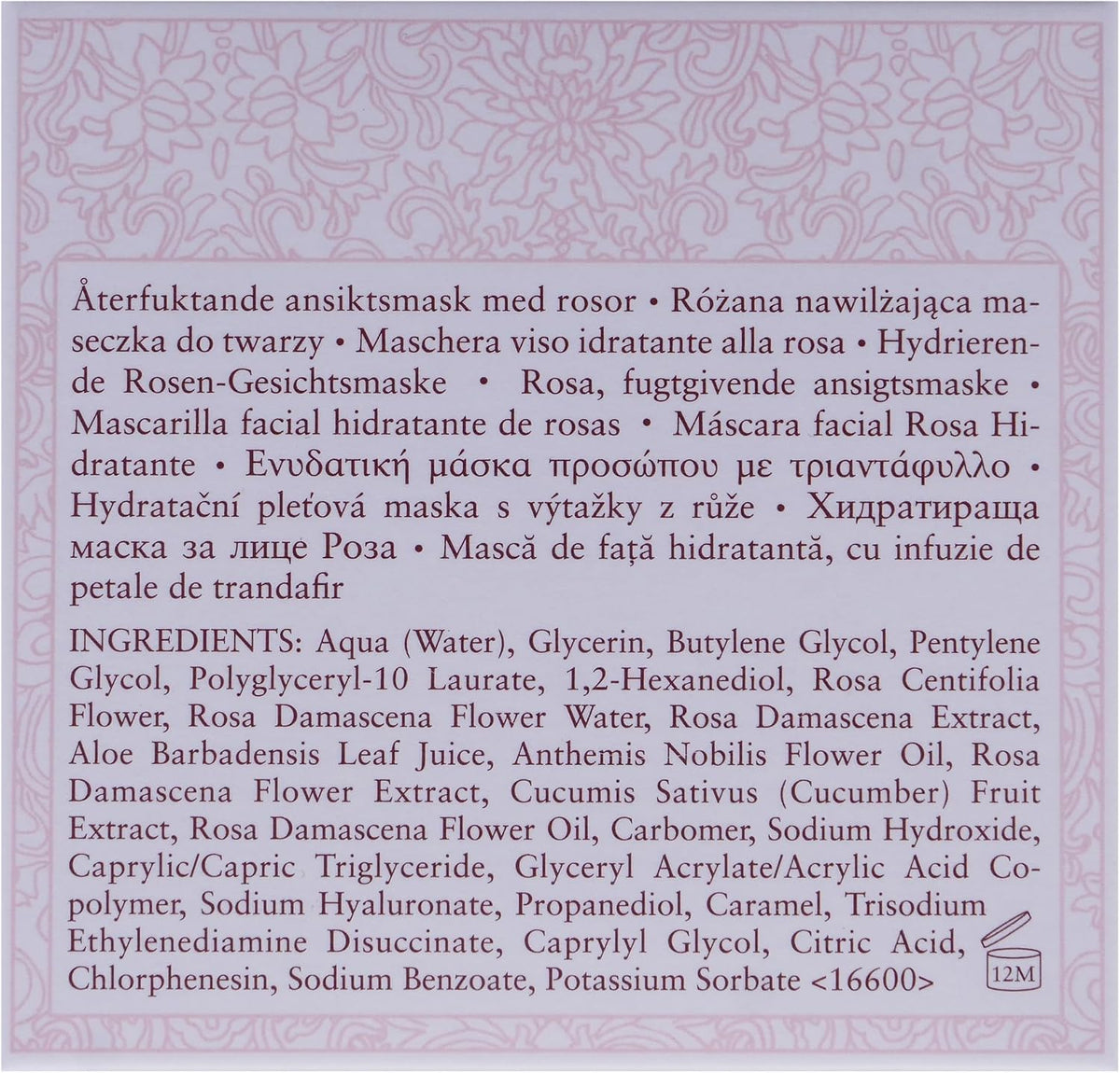 Fresh Rose Face Mask outer box ingredient list and directions