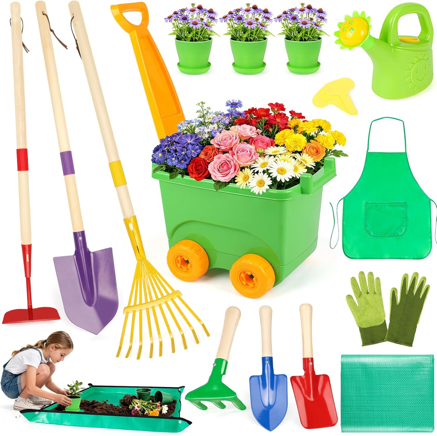 FHOZGECY Kids Gardening Set front view showcasing the complete outdoor educational toy collection.