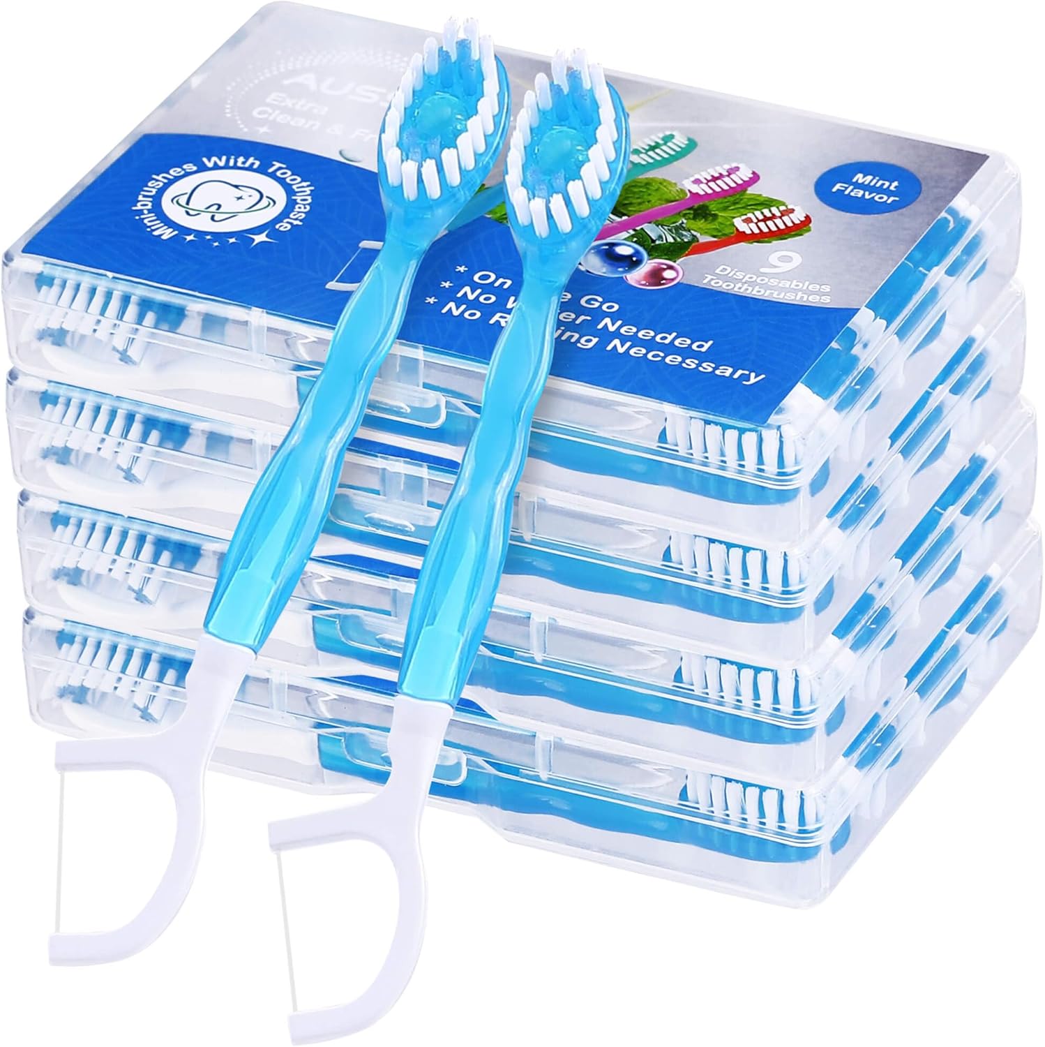 36 Pack Mini Disposable Toothbrushes – 5-in-1 Prepasted Travel Toothbrush with Toothpaste Floss & Pick for Hotel Camping Flight Car Guest Use – 9ct per Portable Case Essentials for Women Men Kids - Image 1
