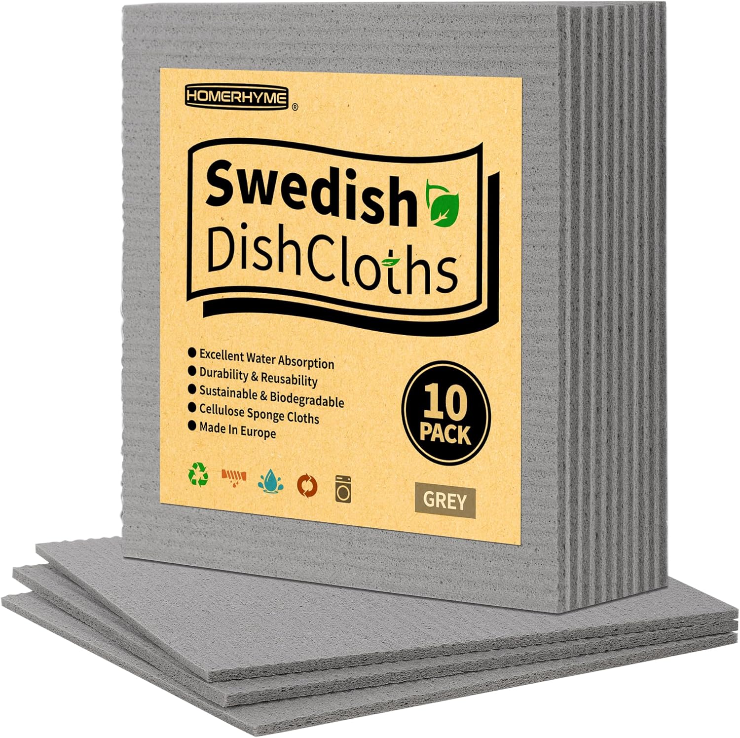 HOMERHYME Swedish Dishcloths, 10 Pack Absorbent Dish Towels for Kitchen, Multipurpose Cellulose Sponge Cloths, Reusable Washable Towels for Home & Kitchen, Grey - Image 1