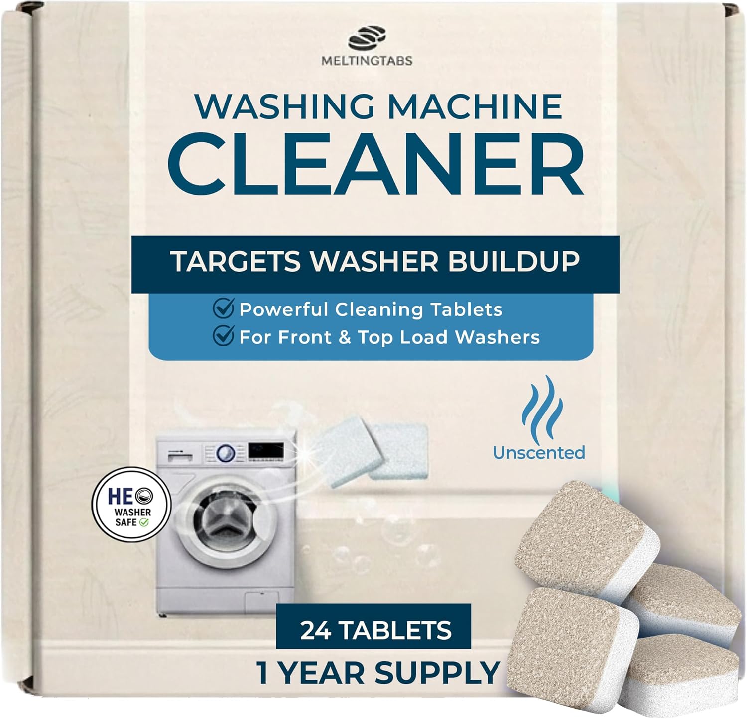 Meltingtabs Washing Machine Cleaner Tablets front view of 24 pack box
