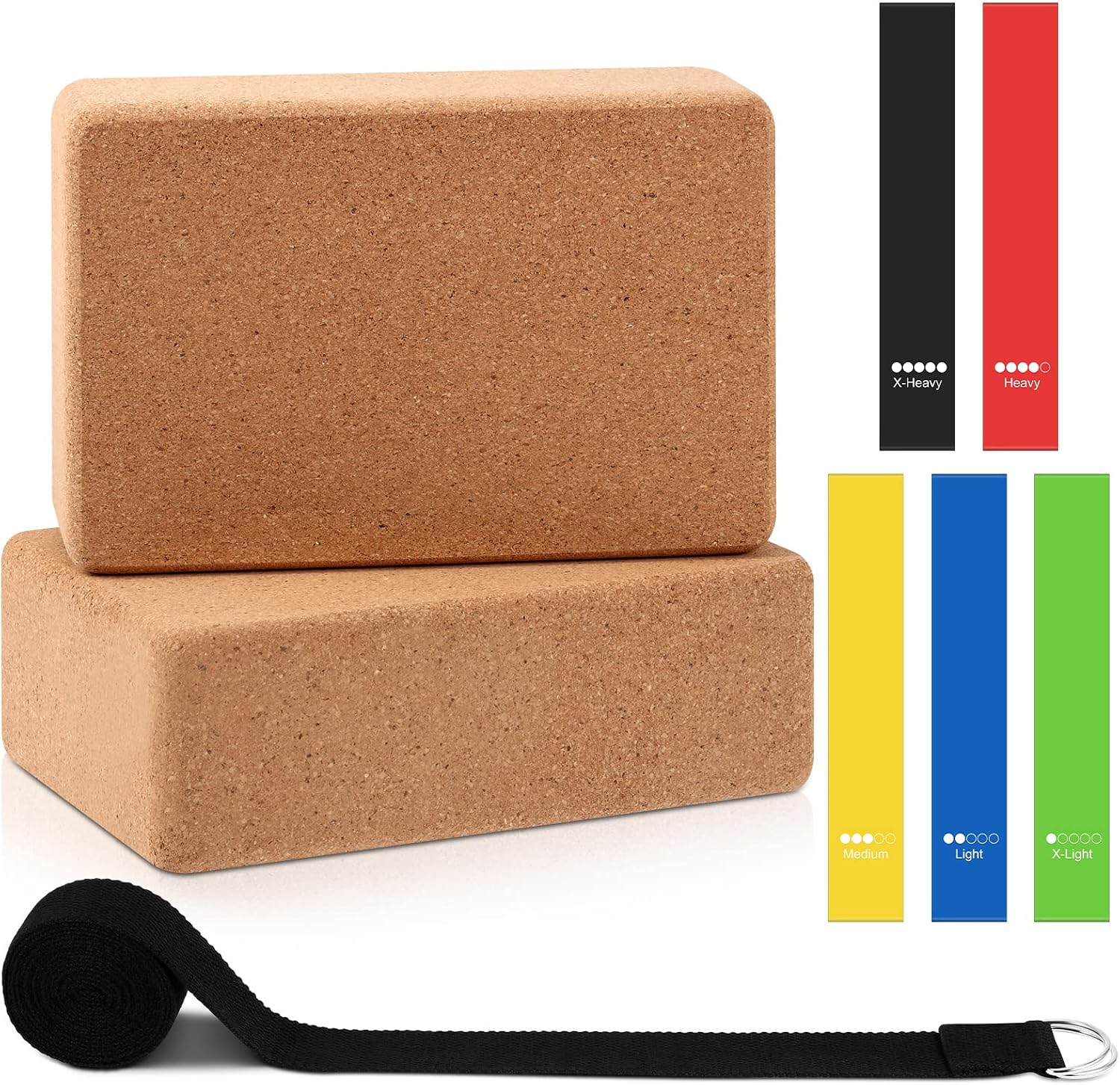 Liliful cork yoga block set front view with resistance bands