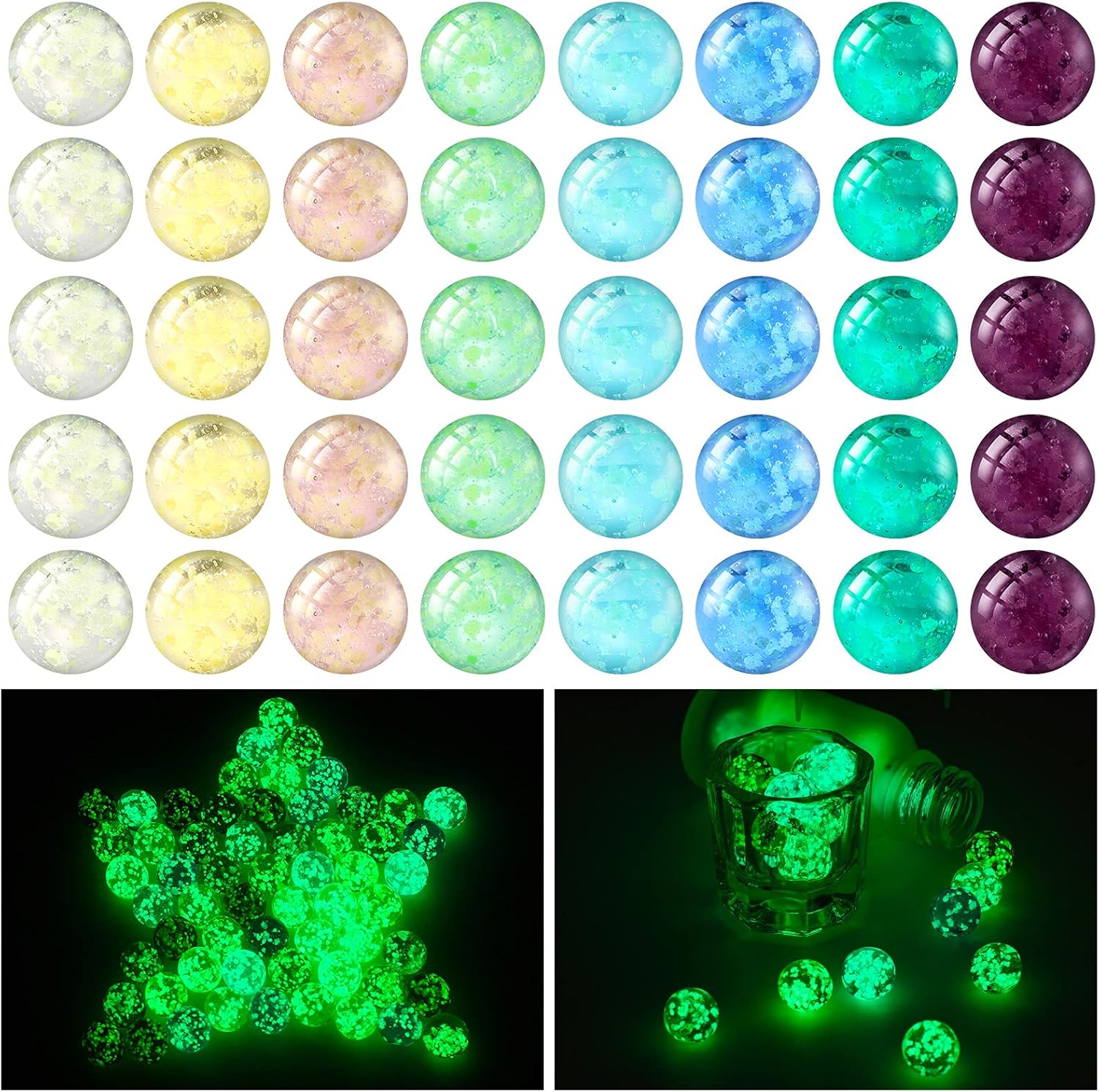 Sumind luminous glass marbles front view showing forty-eight pieces in multiple colors glowing in the dark