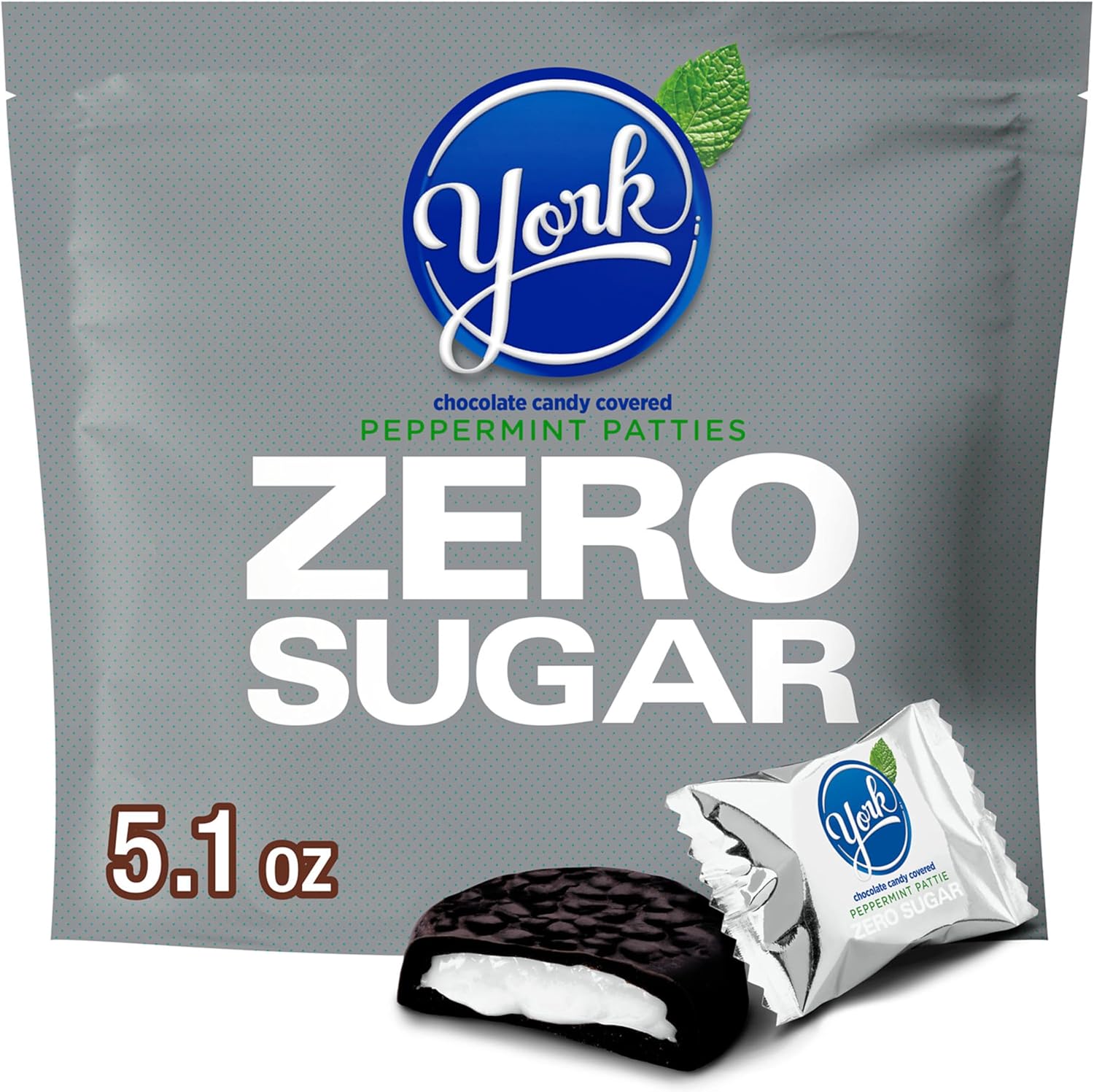 YORK zero sugar chocolate peppermint patties five point one ounce bag front view showcasing sugar free labeling.