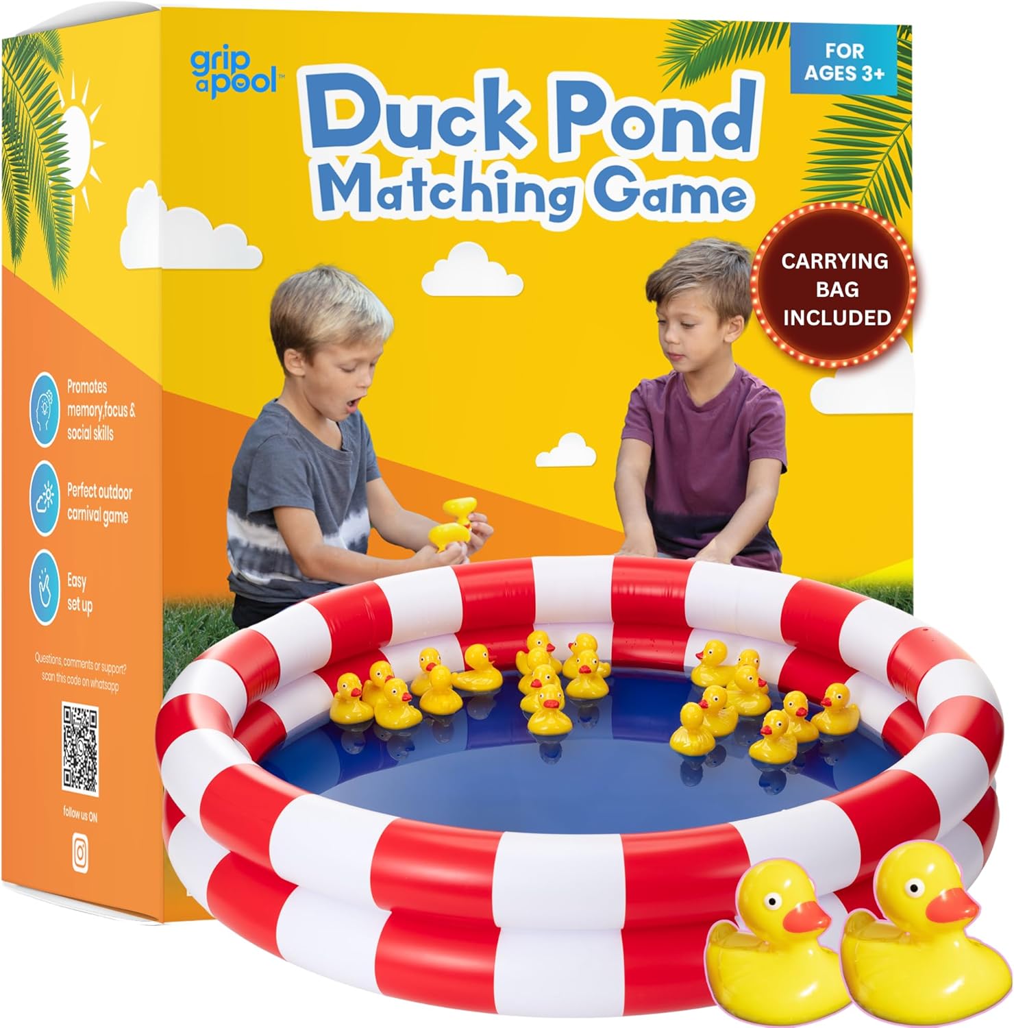 Grip A Pool Duck Pond Matching Carnival Game front view with inflated pool and yellow plastic ducks