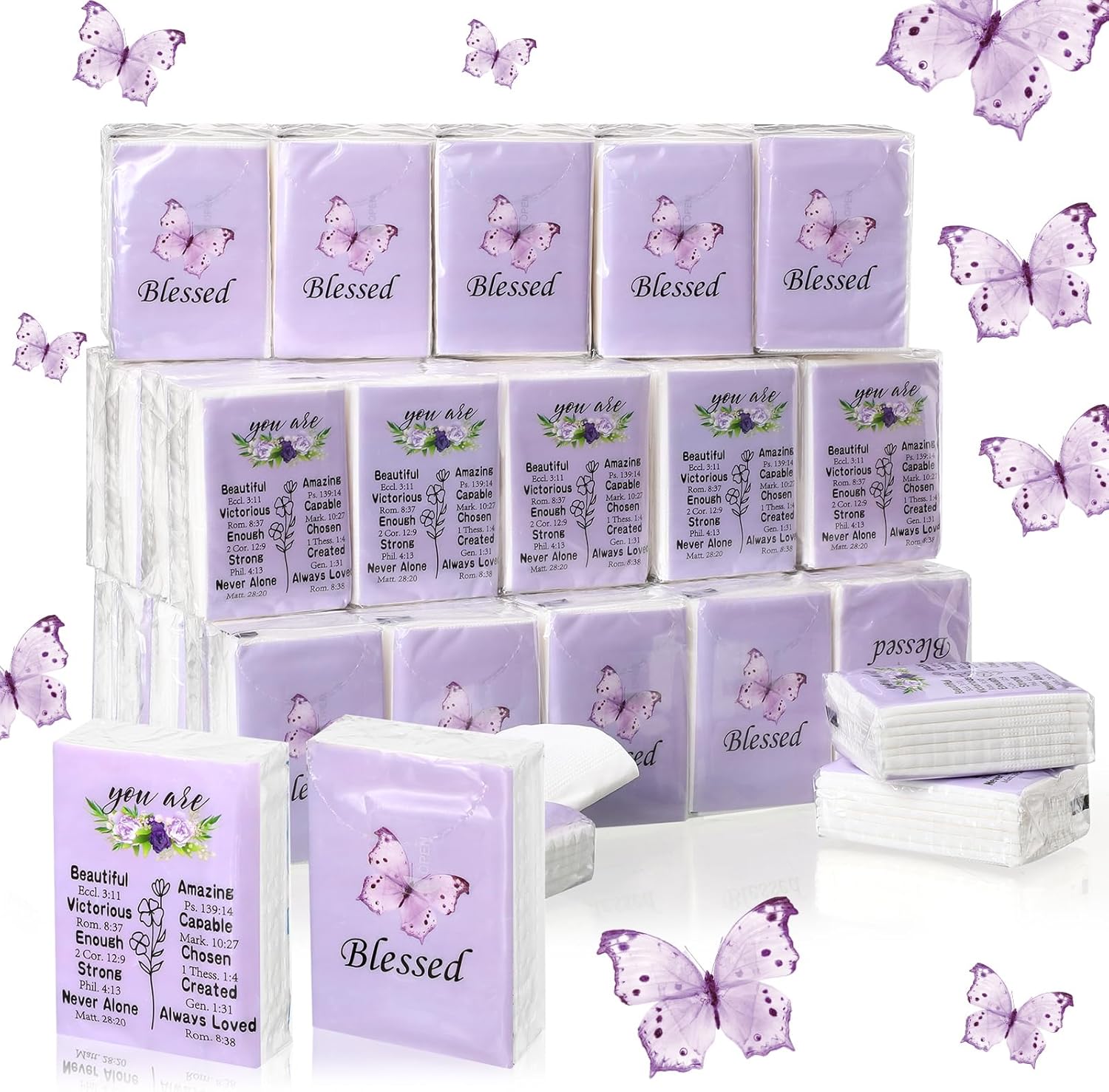Harloon Christian facial pocket tissues 50 pack front view showing the purple butterfly design and biblical text packages.