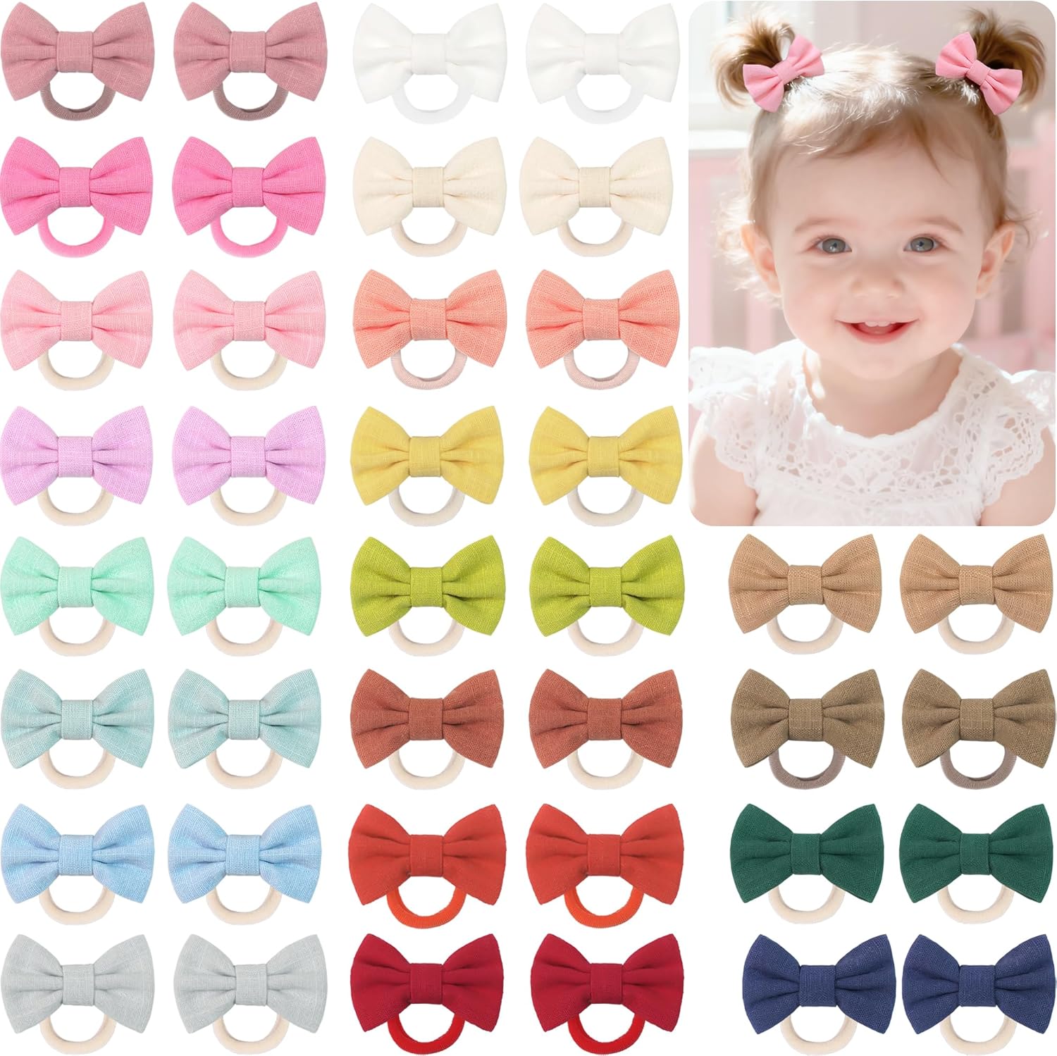 CÉLLOT baby hair ties front view showcasing forty colorful cotton and linen fabric bows.