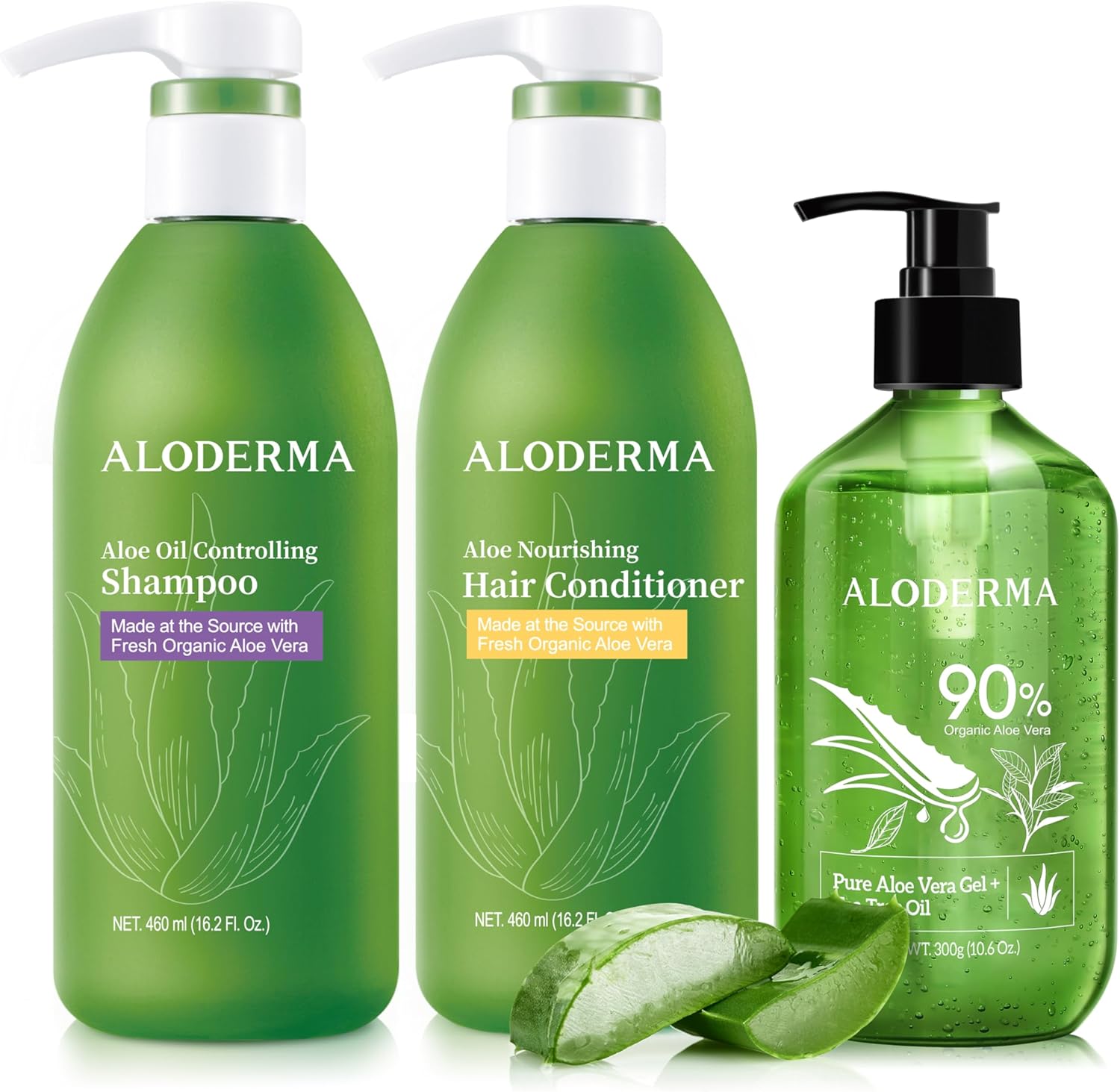 Aloderma Aloe Hair and Body Care Set front view featuring three pieces for organic scalp purification.
