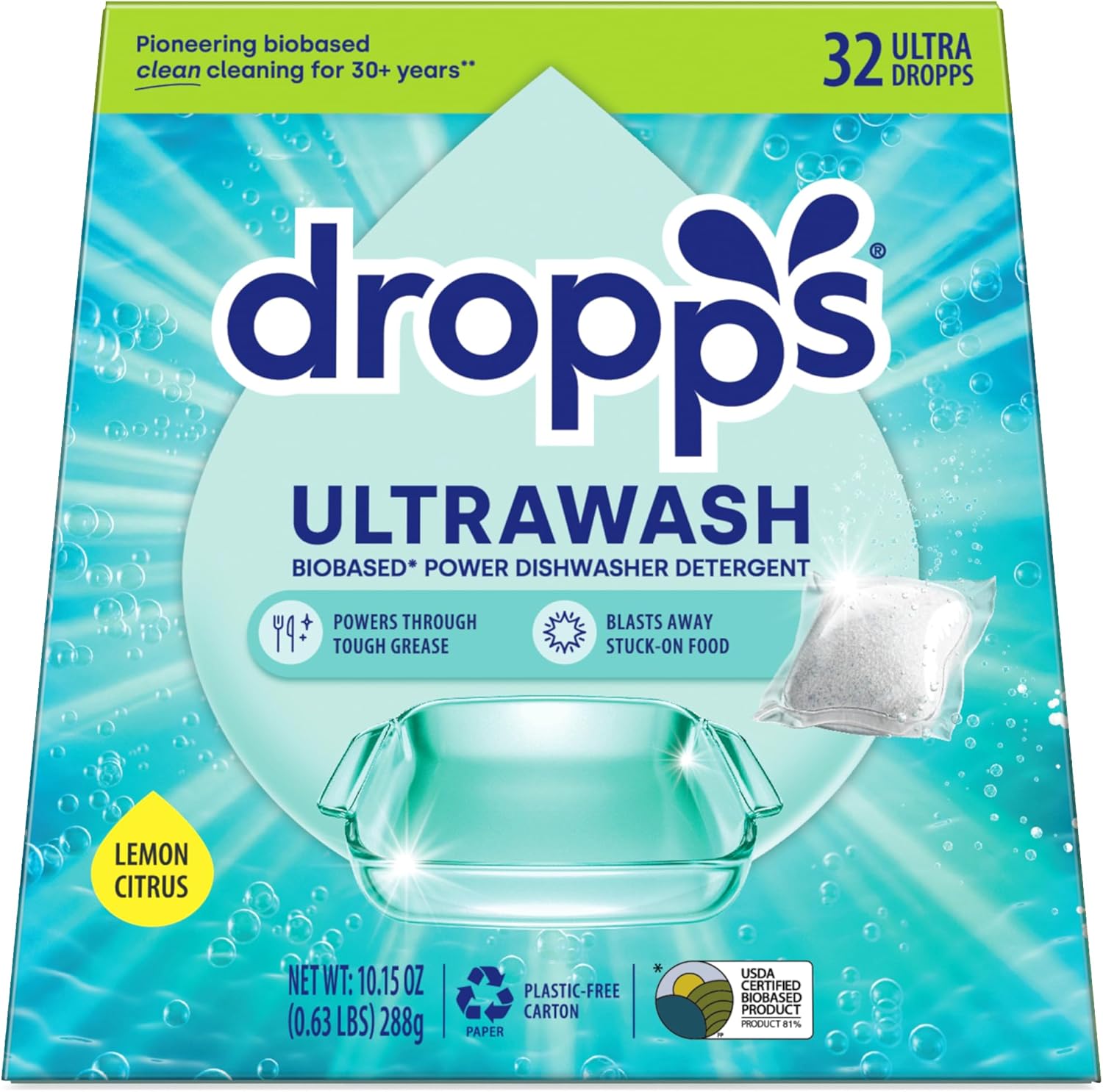 Dropps UltraWash Dishwasher Pods Lemon Citrus 32 count front pack view biobased detergent.
