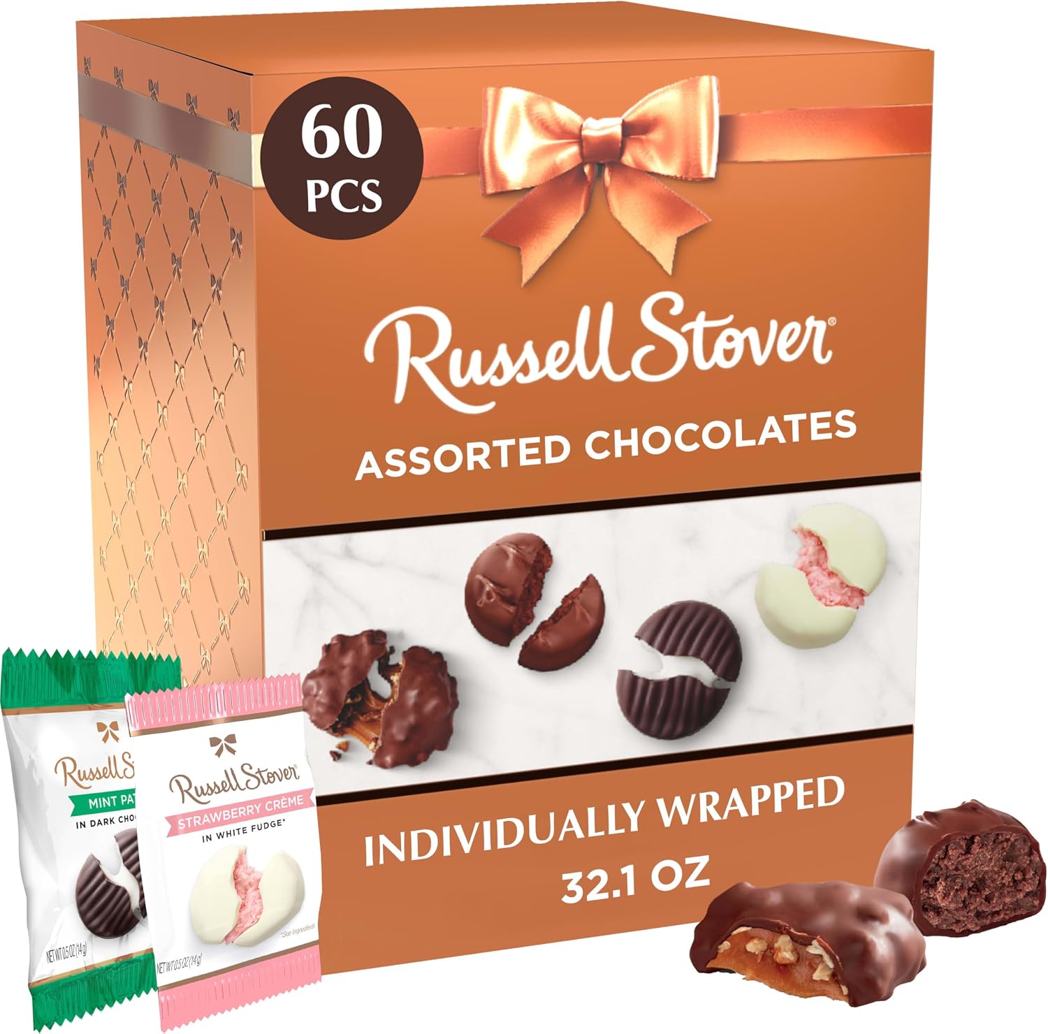 Russell Stover Assorted Milk and Dark Chocolate Gift Box front view premium copper packaging