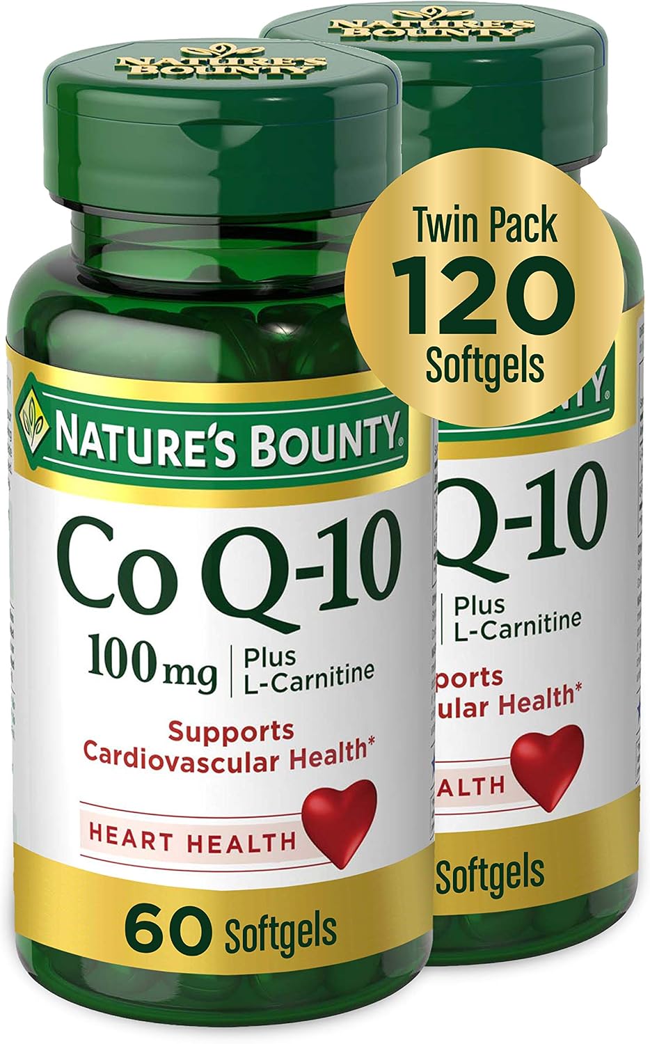 Nature's Bounty CoQ10 100mg plus L-Carnitine twin pack front view supplement bottle