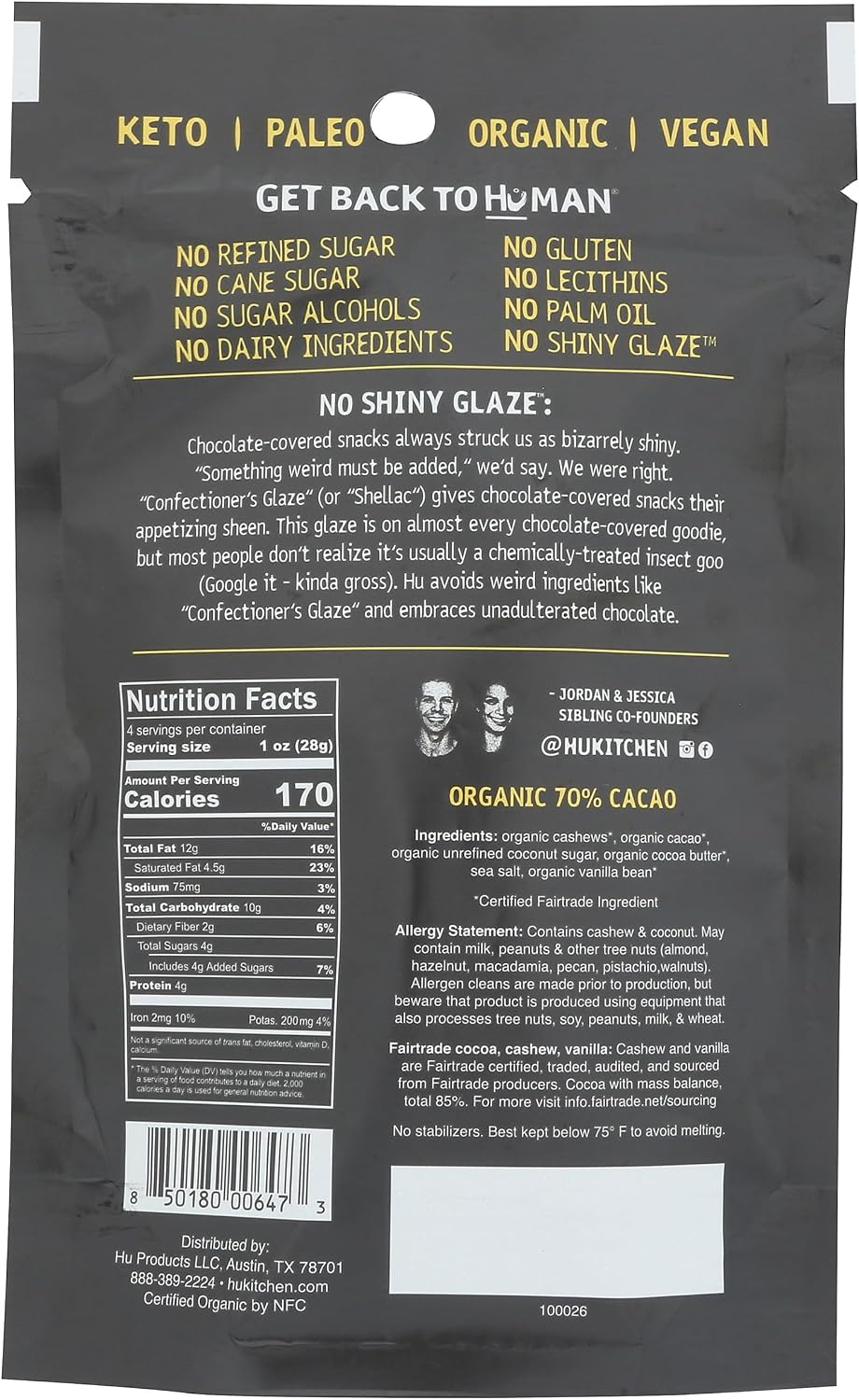 Hu Kitchen Cashew Vanilla Bean Hunks organic dark chocolate snack pouch showing clean ingredients