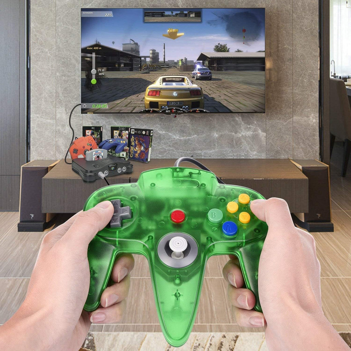Miadore translucent orange N64 controller side angle