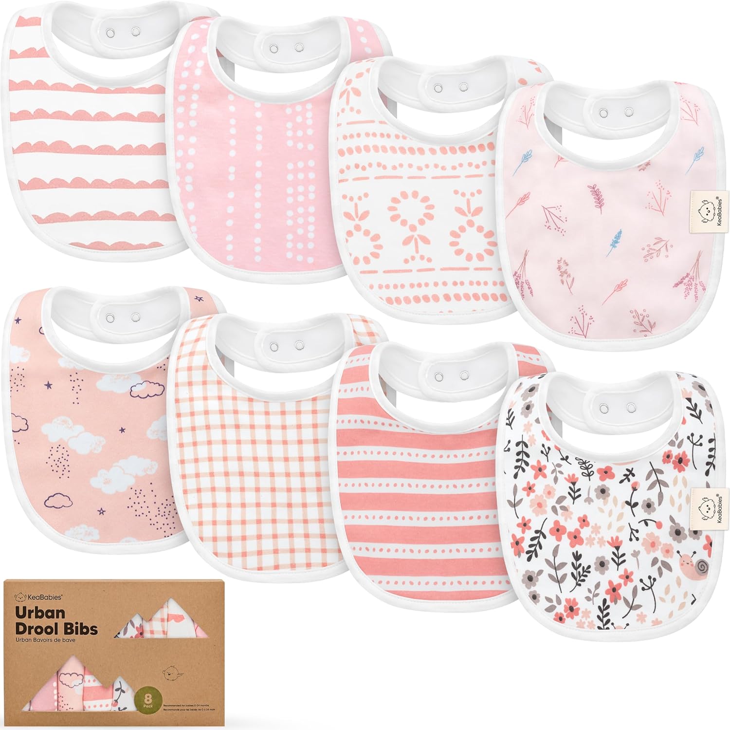 KeaBabies 8-Pack organic cotton baby bibs front view