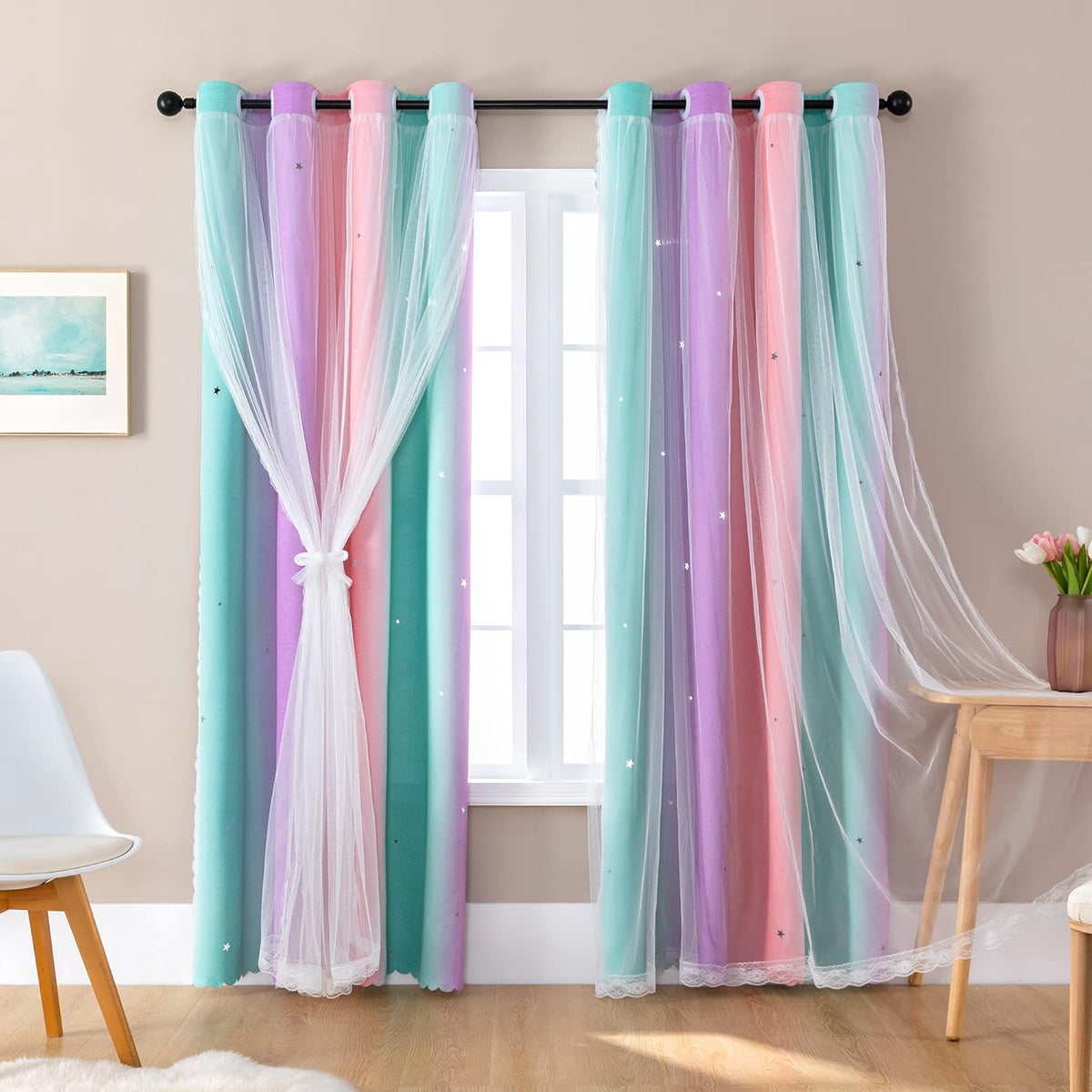 XiDi unicorn princess curtains front view showing double layer tulle design for girls bedroom window decor.