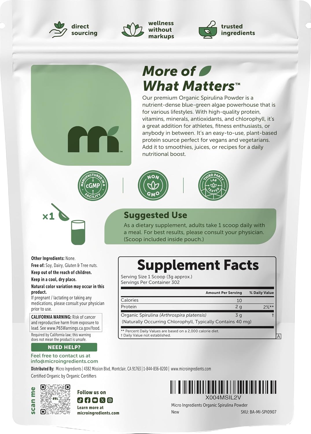Micro Ingredients spirulina powder bulk size comparison
