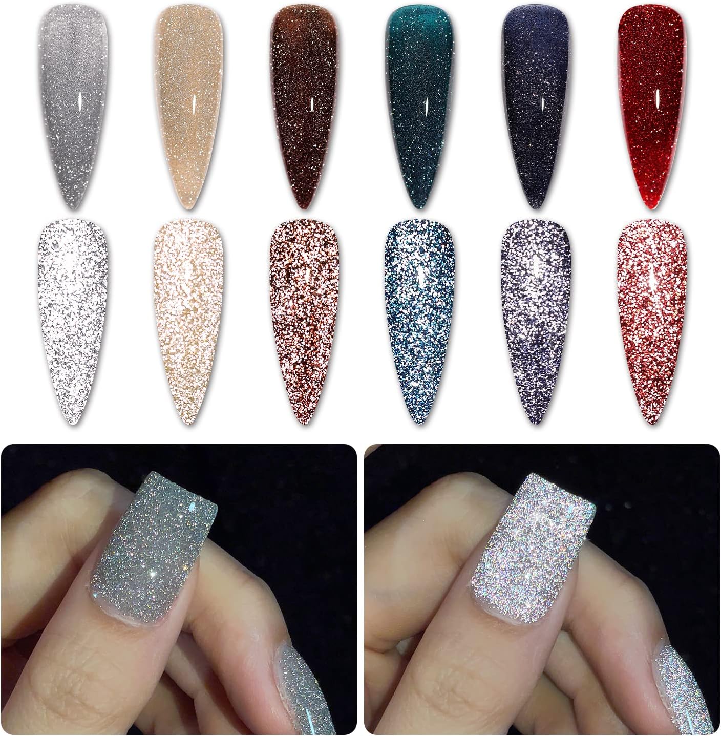 GAOY Reflective Glitter Gel Nail Polish Set, 6 Colors Including Red Brown Blue Holographic Glitter Gel Polish Kit UV LED Soak Off Sparkly Home DIY Manicure Nail Salon Shiny Varnish - Image 1