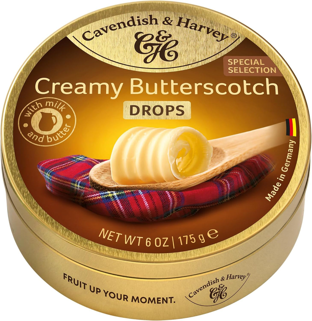 Cavendish and Harvey Creamy Butterscotch Hard Candy Drops tin front view