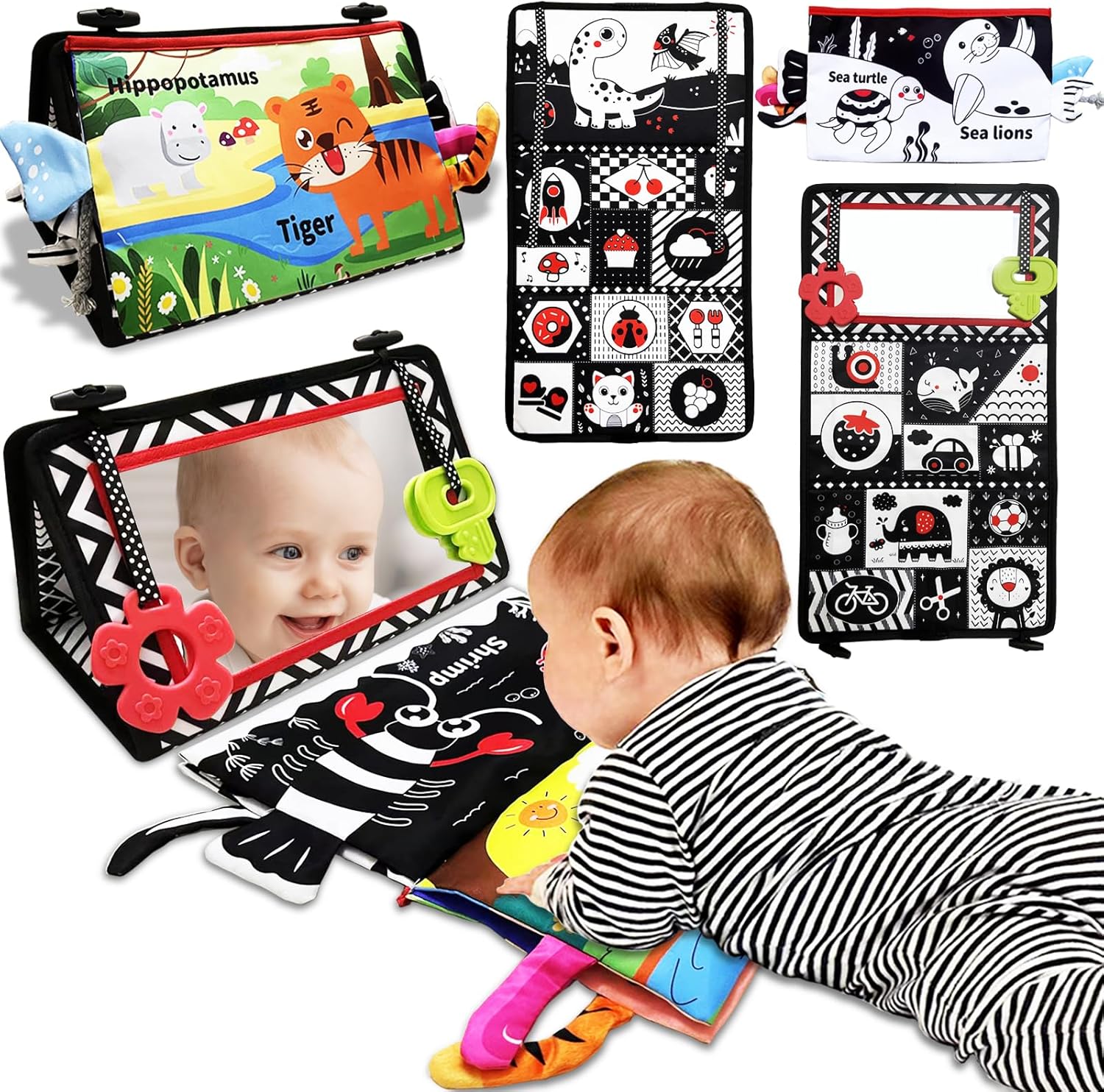 Autumety Tummy Time Mirror newborn toy front view highlighting black and white contrast design for infant sensory play