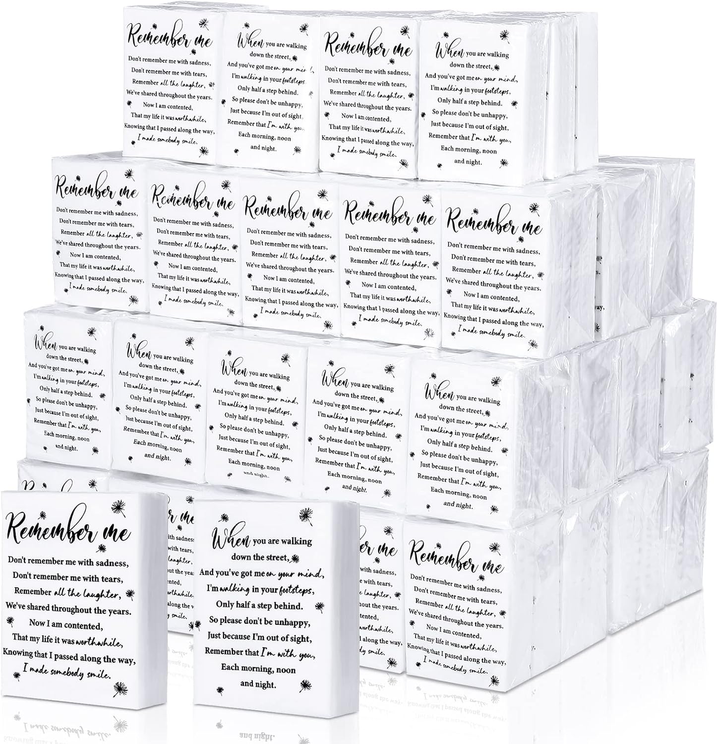 Sinmoe bulk funeral tissues pack showing front view with printed inspirational poem.