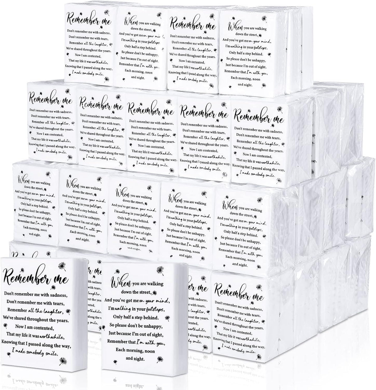 Sinmoe bulk funeral tissues pack showing front view with printed inspirational poem.
