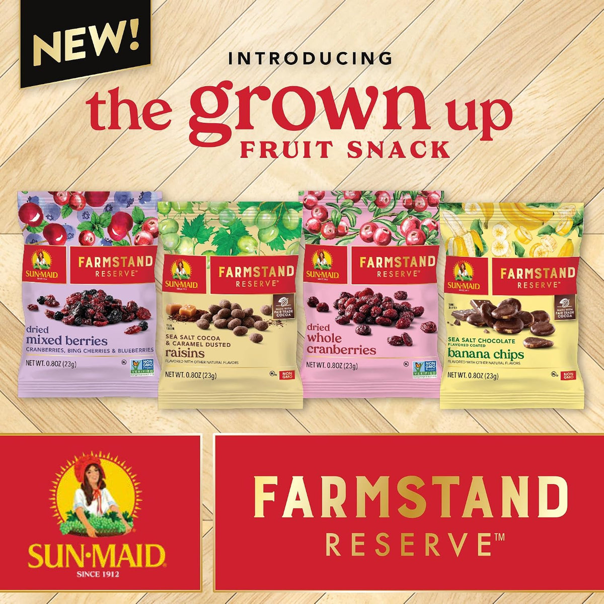Top view of Sun-Maid dried fruit snacks arranged on a charcuterie board.