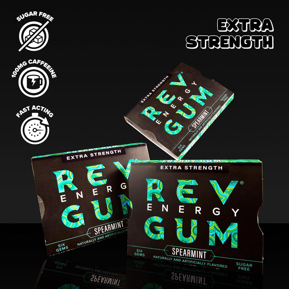 Side view of REV extra strength energy gum carton for alertness and focus