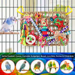 Natural seagrass bird hammock mat with edible dyed wooden accessories.