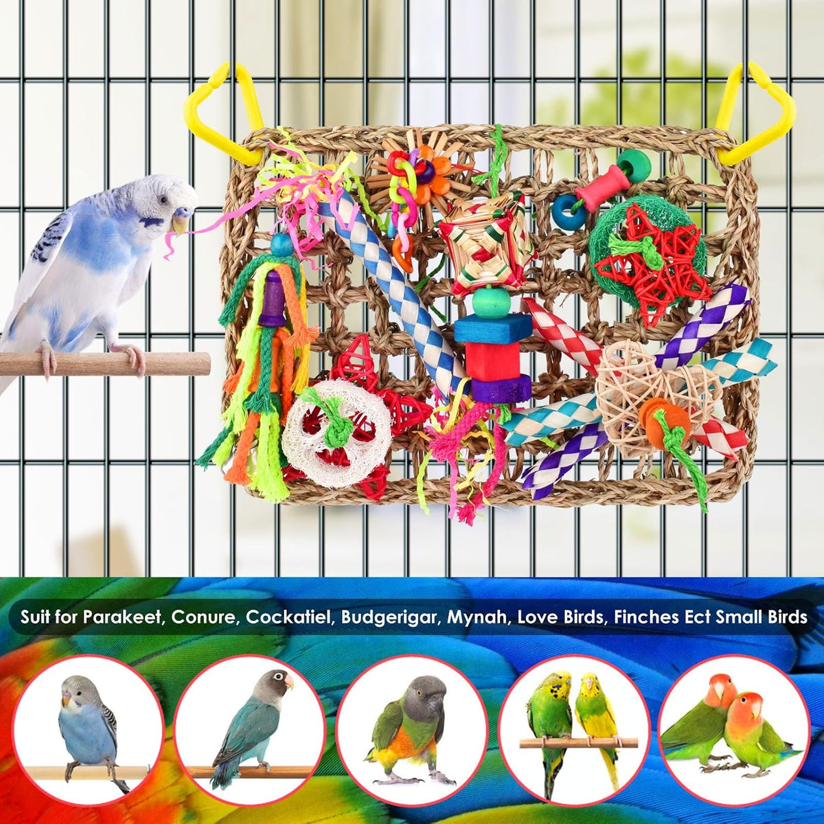 Natural seagrass bird hammock mat with edible dyed wooden accessories.