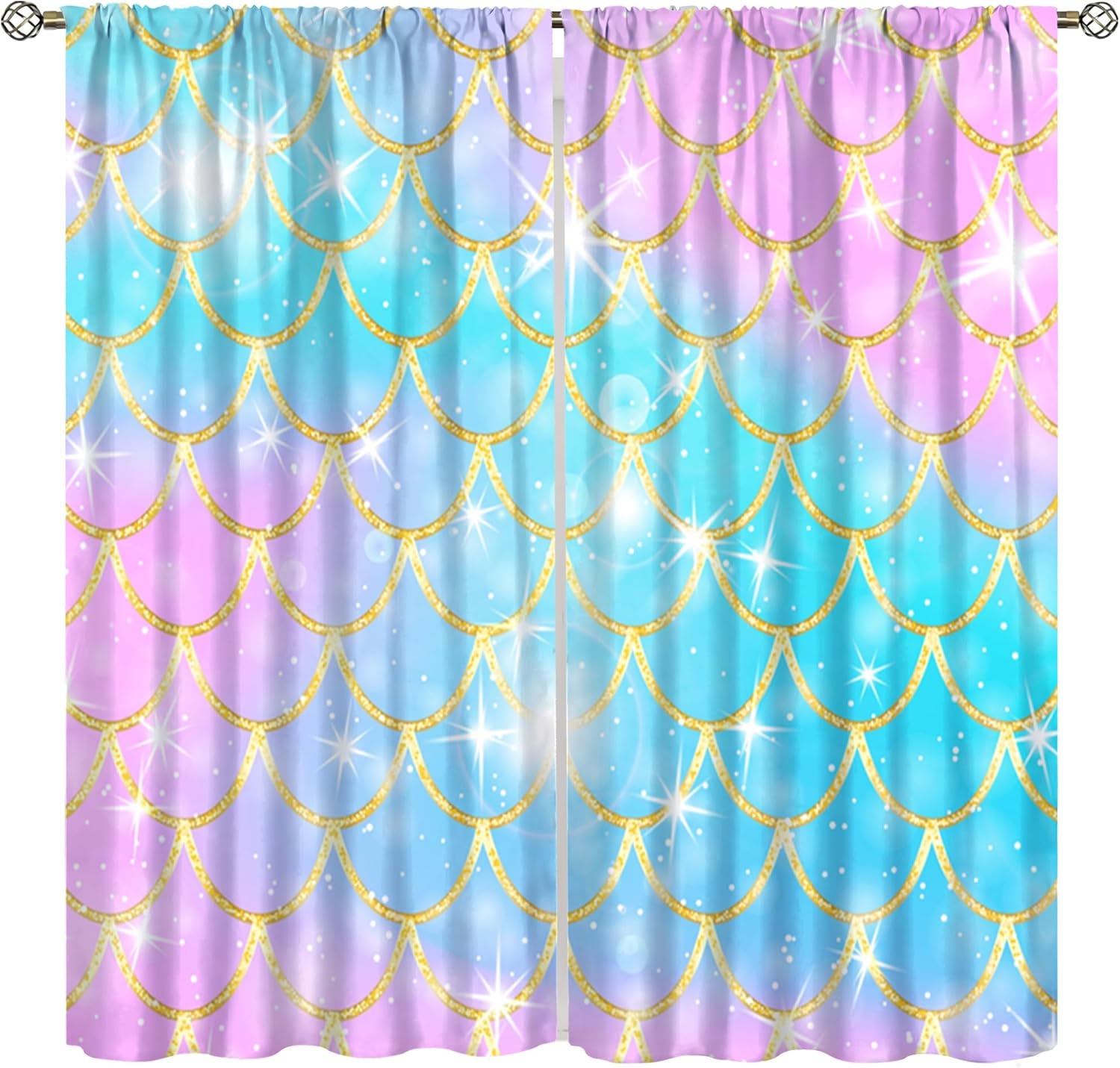 AAVEUP mermaid curtains front view showcasing the colorful cartoon scale pattern in a kids bedroom setup.