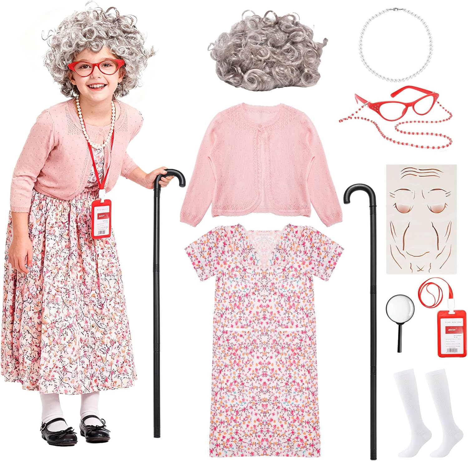 Skirfy Old Lady Costume kit featuring dress and wig front view