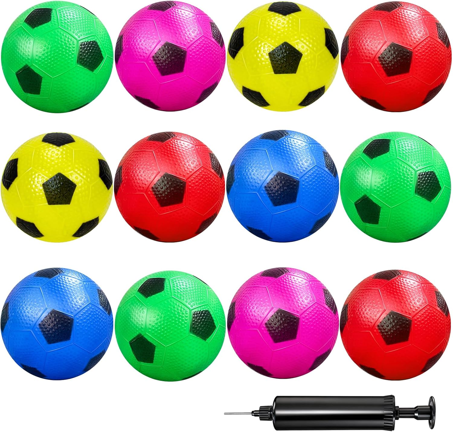 Ynanimery mini soccer balls pack front view showing multiple colorful inflatable four inch toys with portable pump.