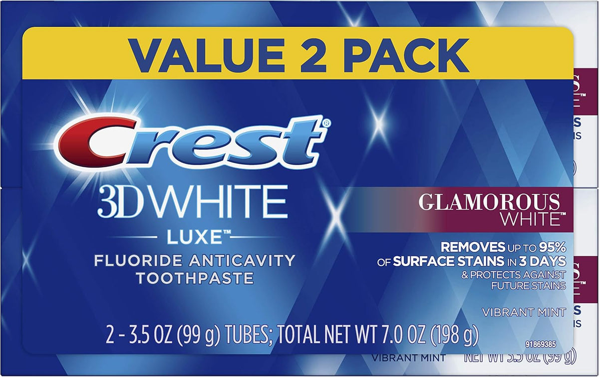 Crest twin pack 3d white luxe glamorous white toothpaste front view packaging