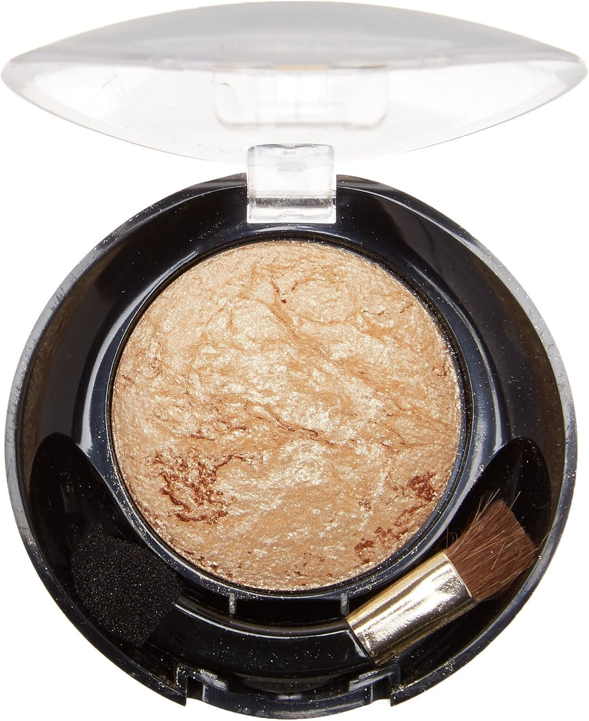 Close up texture shot of Milani Wet Dry Baked Eye Shadow in shade 606 showcasing the shimmery gold marble finish.