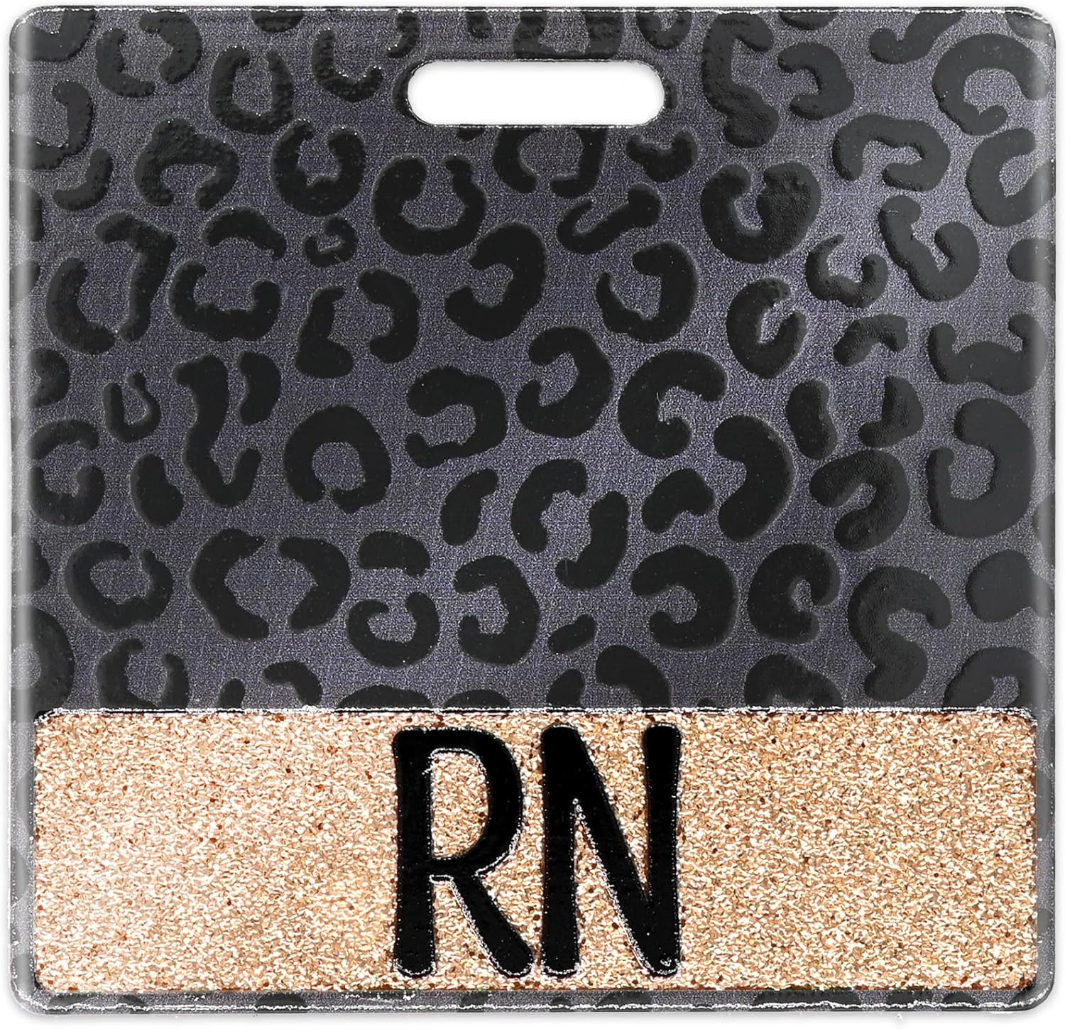 SEEVOR black leopard RN badge buddy front view showing horizontal nurse identifier tag