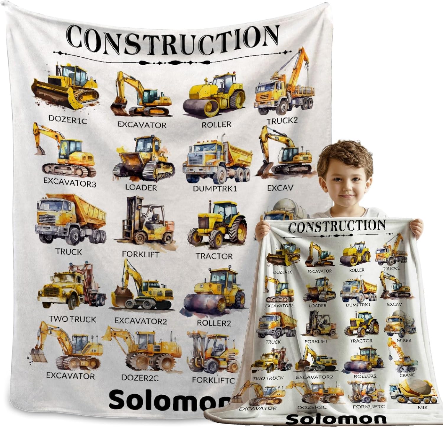 Matchastar truck construction equipment custom name blanket front view showcasing vibrant excavator illustrations.