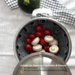 Close up of long cool-touch handle on silicone steamer