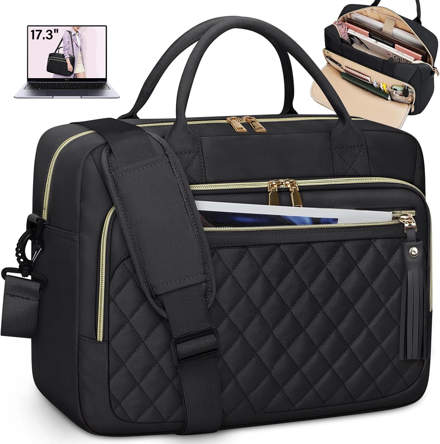 RAINSMORE laptop briefcase for women in black front view showing premium water-resistant fabric.