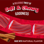 Close-up view of the vegan and fat-free product label on Wiley Wallaby cinnamon candy.