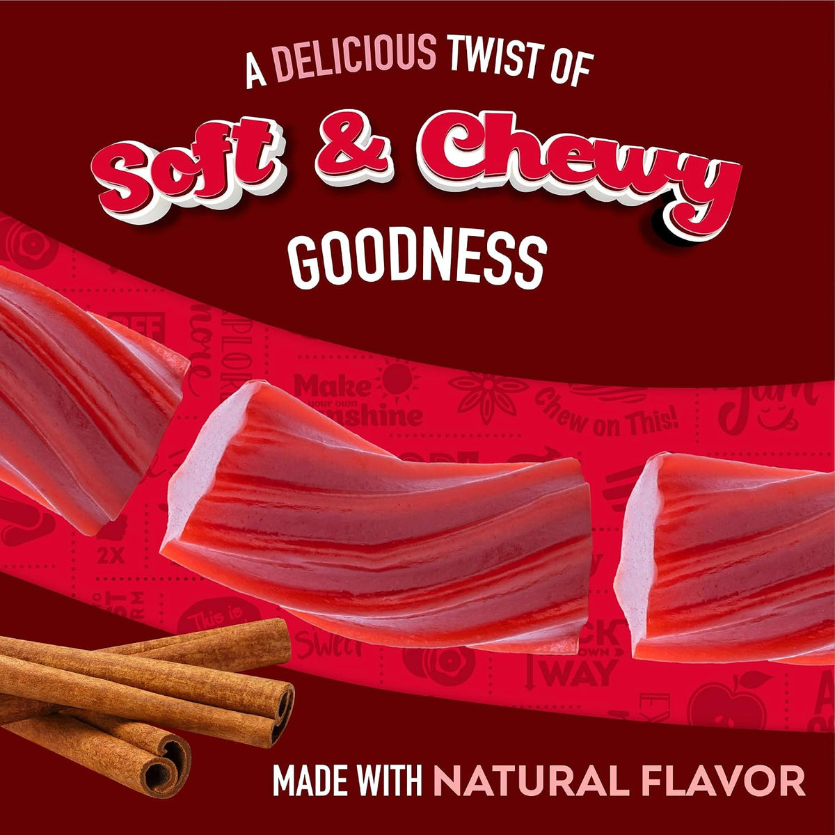 Close-up view of the vegan and fat-free product label on Wiley Wallaby cinnamon candy.