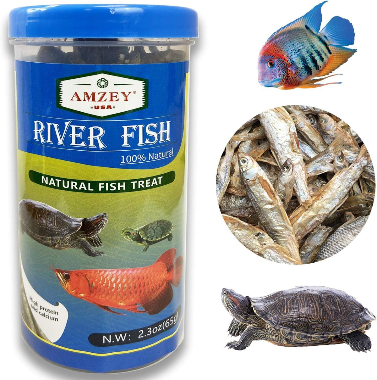 Amzey dried river fish packaging highlights showing multi vitamin benefits.