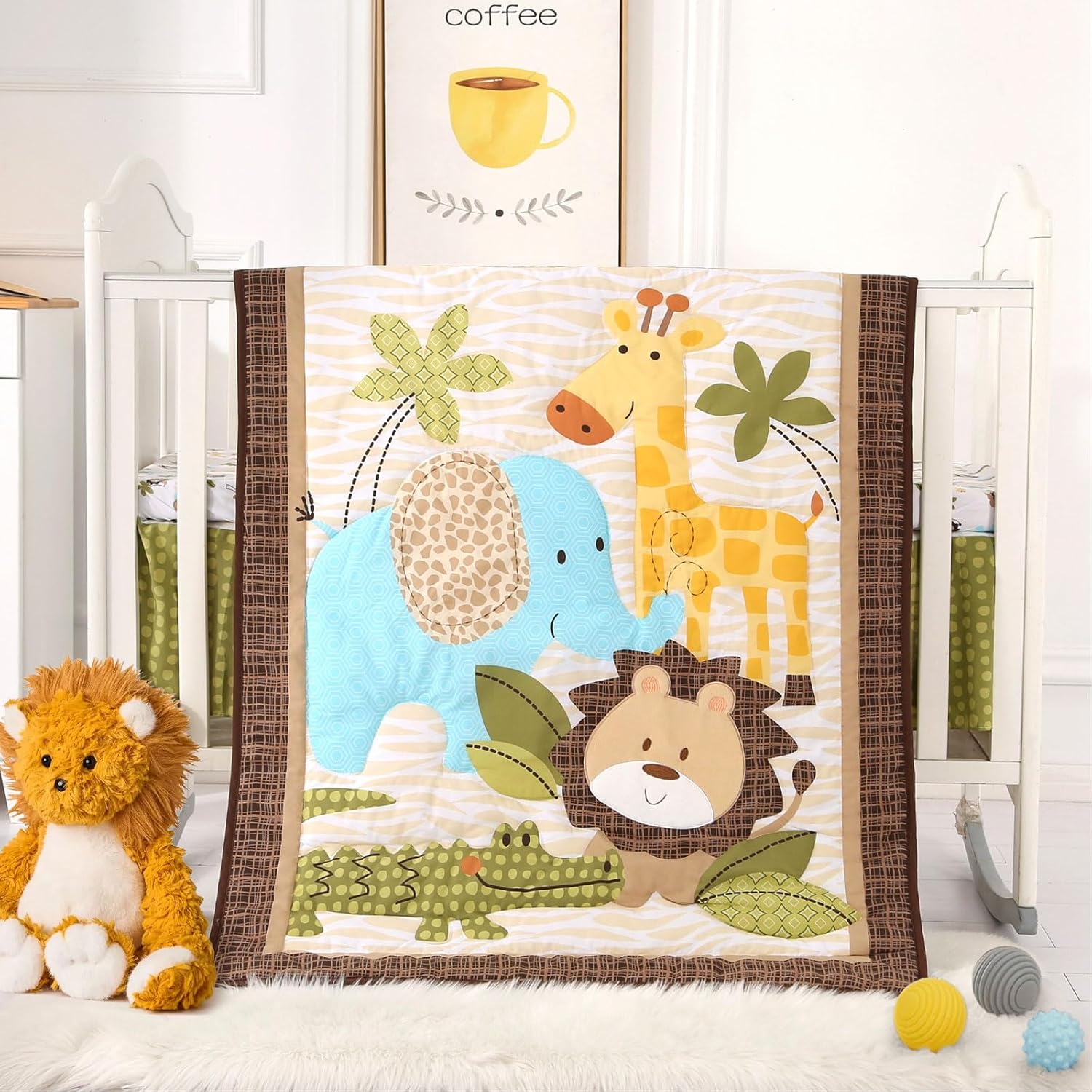 Wowelife Safari Crib Bedding Set front view featuring a brown comforter with printed giraffe and elephant cartoon characters
