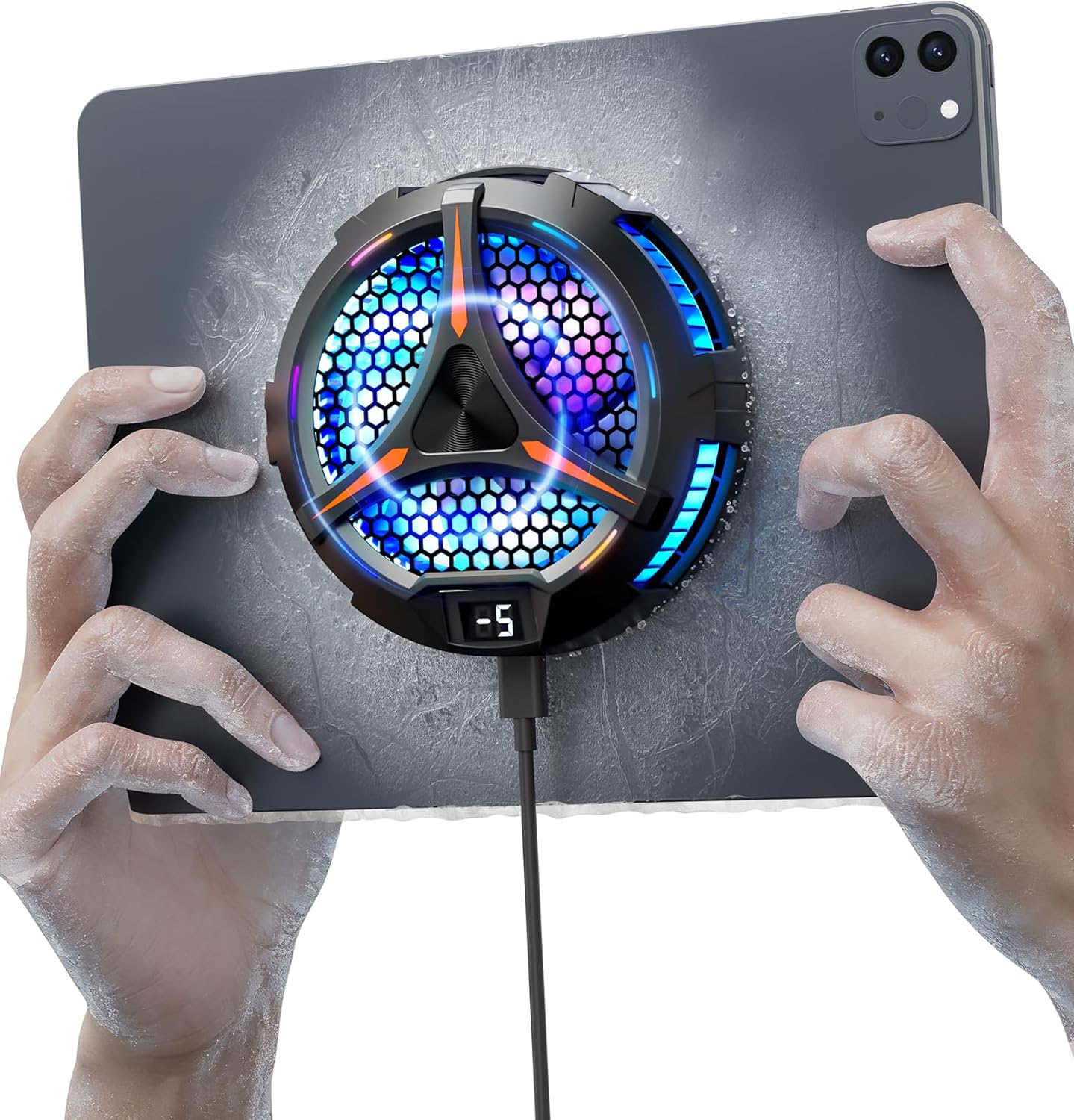 ACEDAYS Magnetic Tablet Cooler front view showing RGB lights and LED temperature display screen