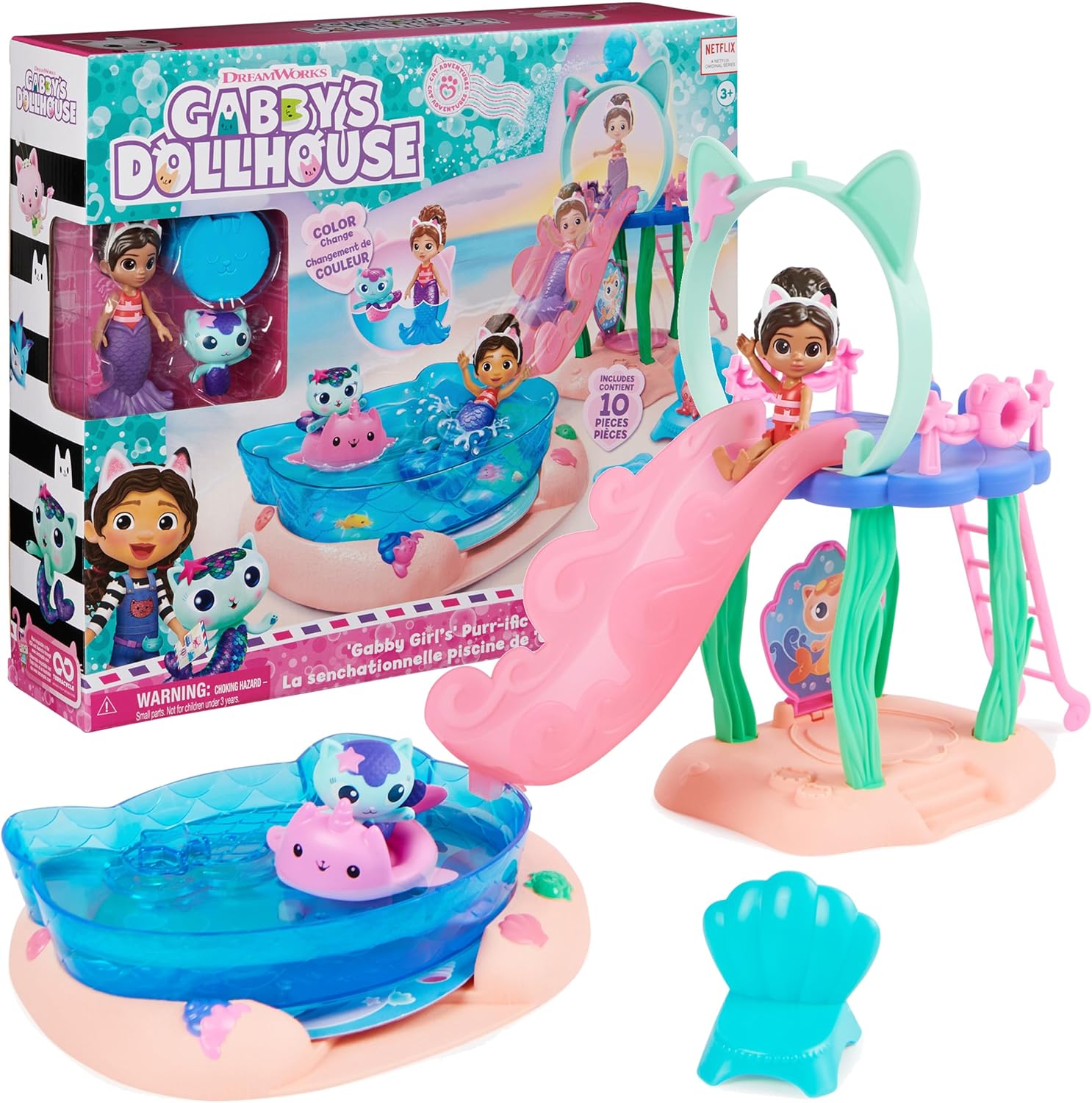 Spin Master Gabby's Dollhouse Purr-ific Pool Playset front view packaging showing figures and slide.